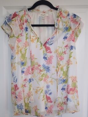 Haver &Blair White Floral V-Neck Blouse with Pink, Blue & Green Print